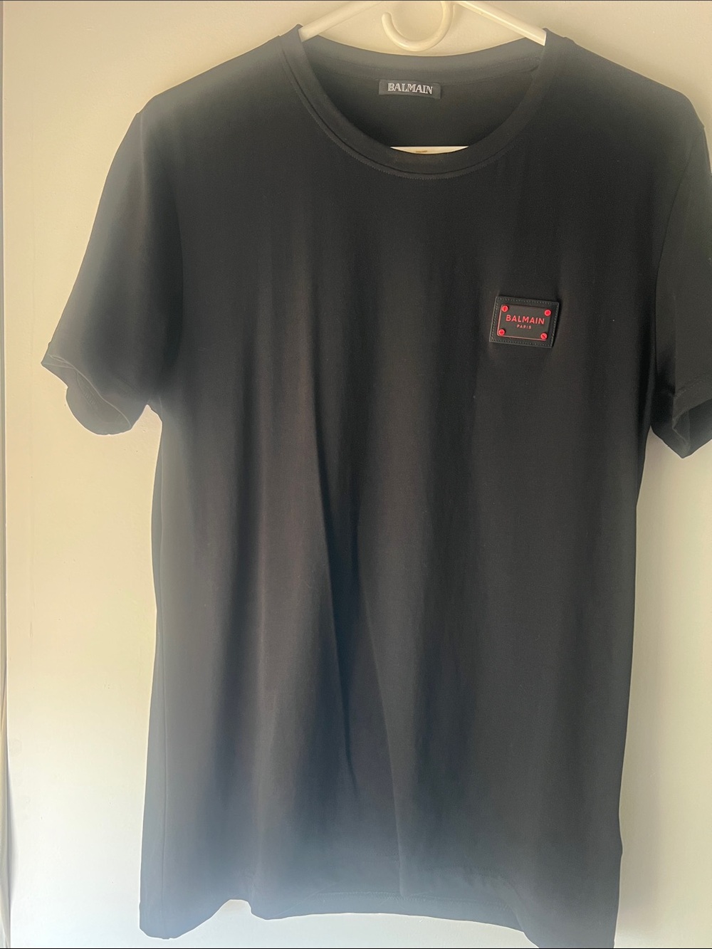 Balmain Black Short Sleeve Crewneck Tee with Red Logo Patch & matching bracelet